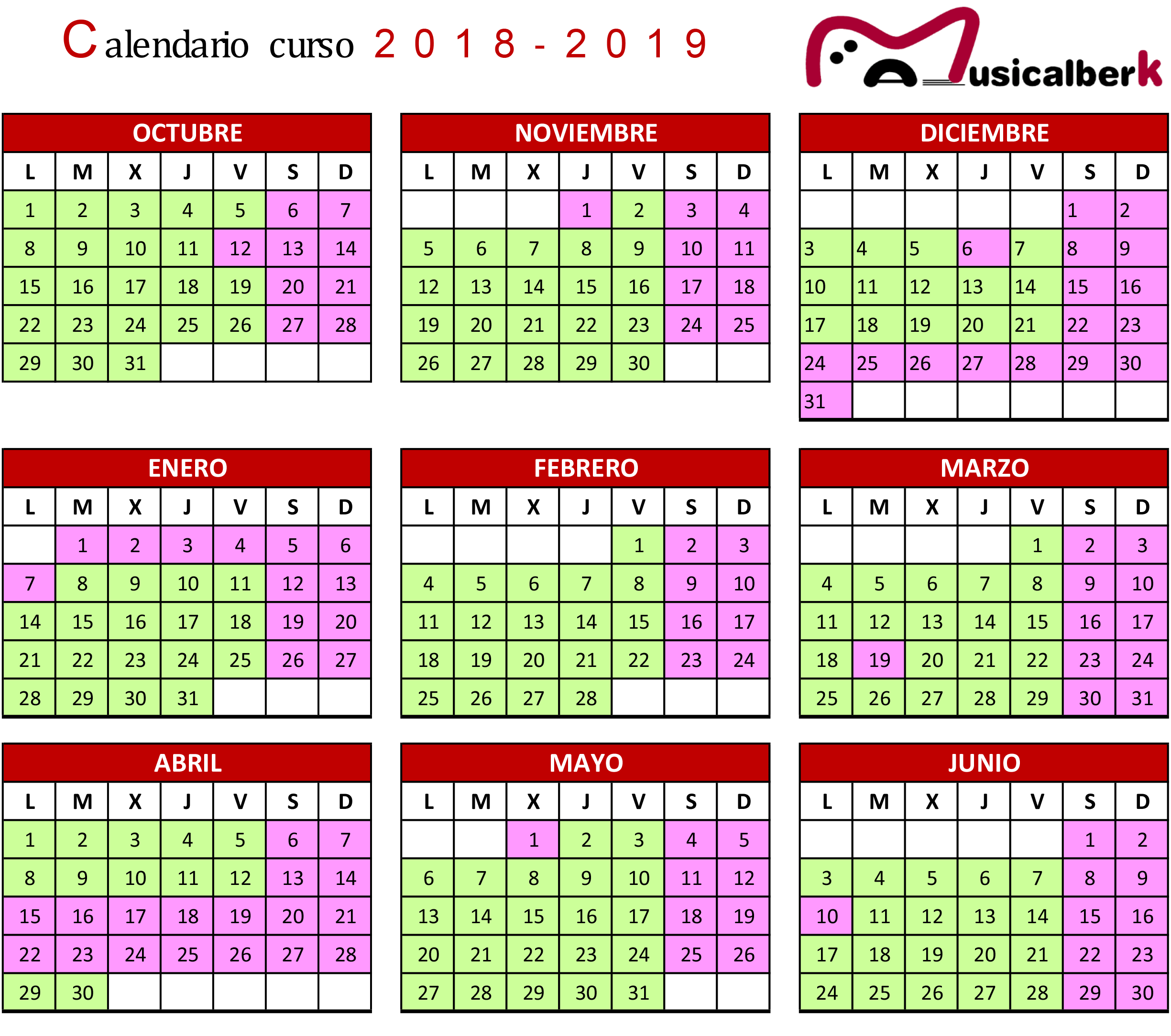 Calendario de clases de música en Musicalberca para el curso 2018-19