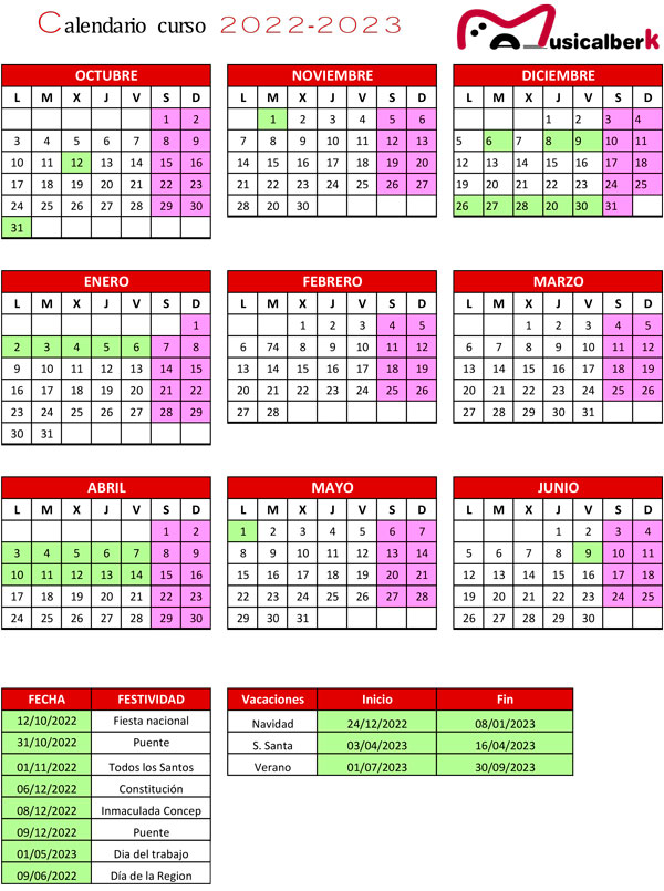 Calendario de clases de música en Musicalberca para el curso 2022-23