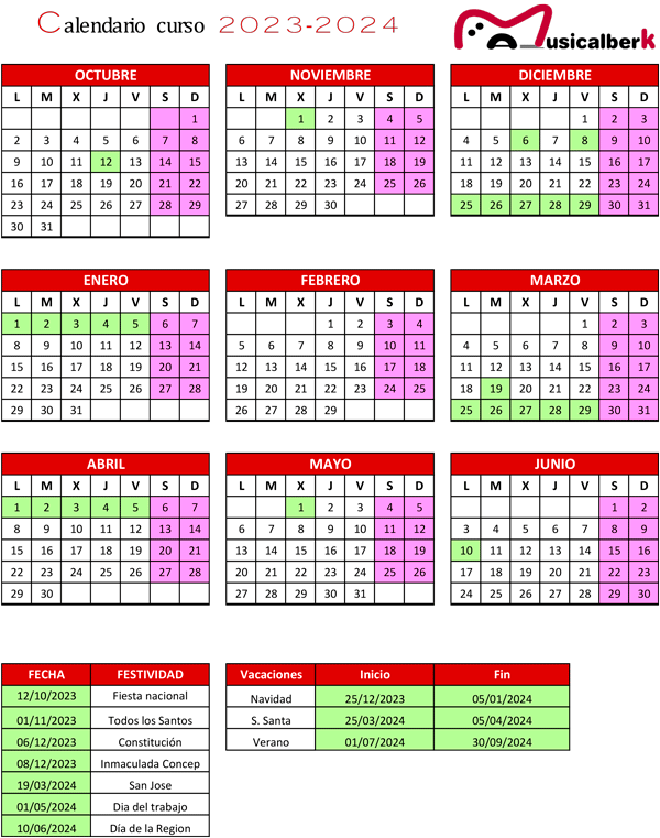 Calendario de clases de música en Musicalberca para el curso 2022-23